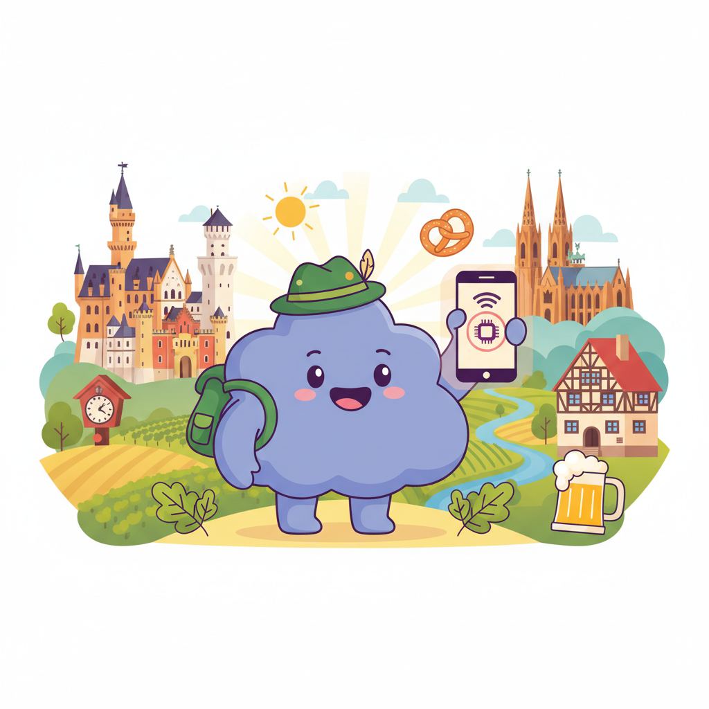 Cartoon mascot exploring Almanya