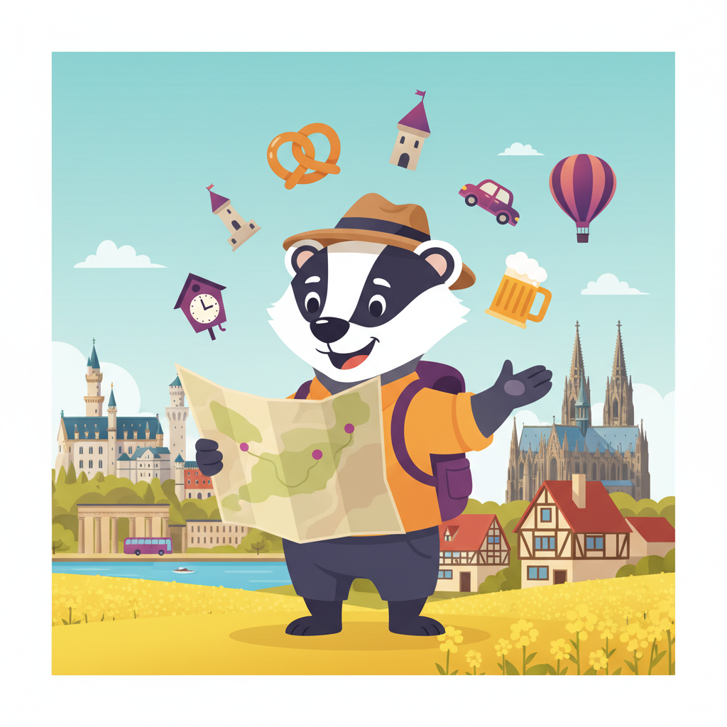 Cartoon mascot exploring Almanya