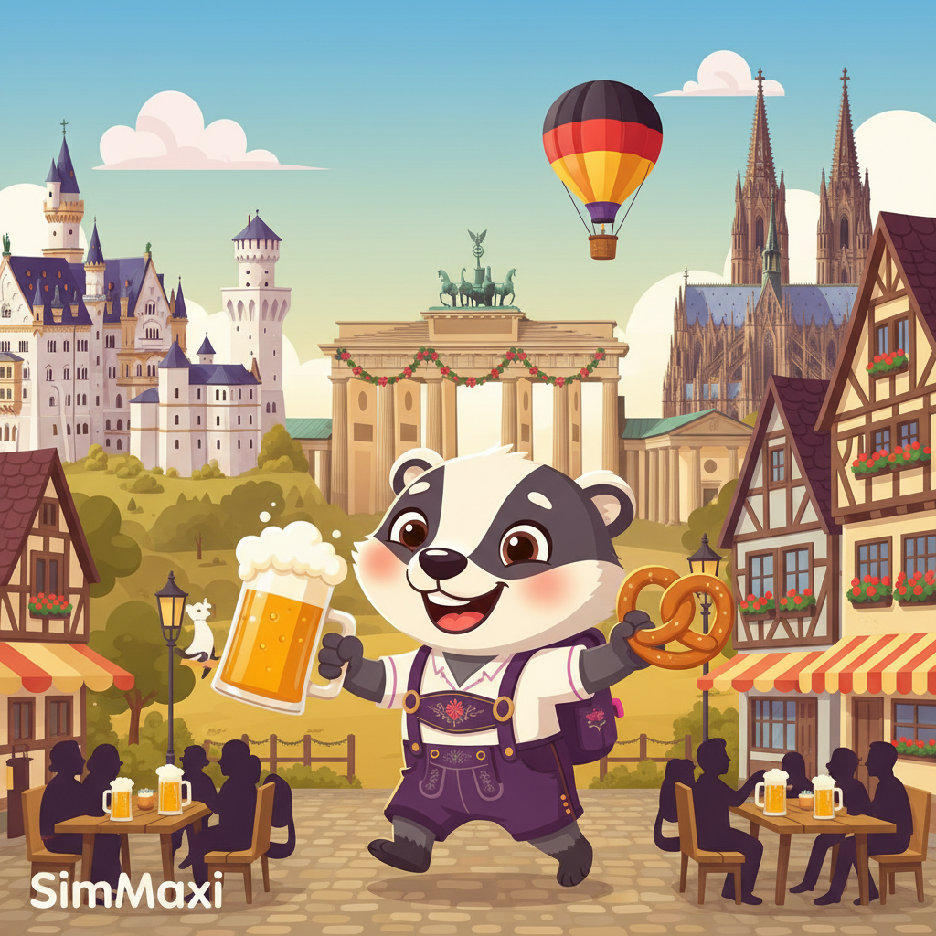 Cartoon mascot exploring Almanya