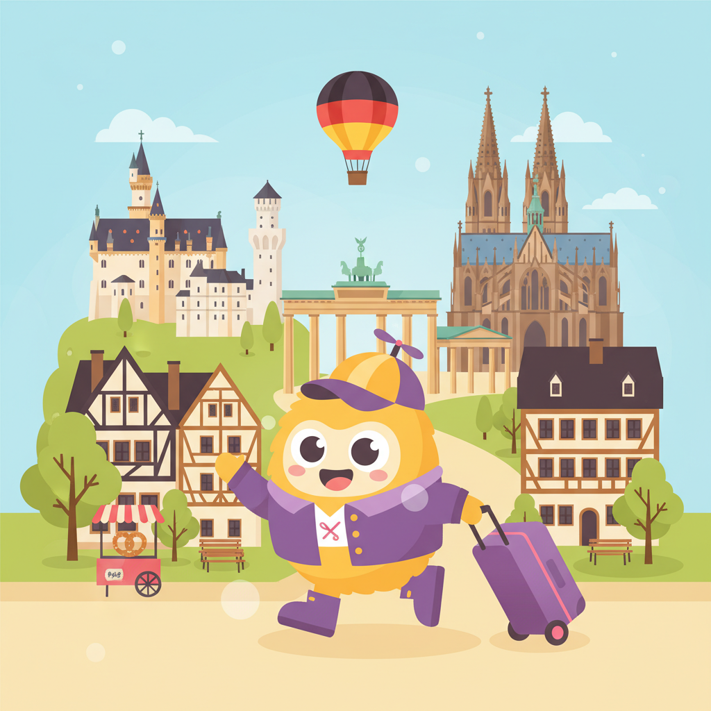 Cartoon mascot exploring Almanya