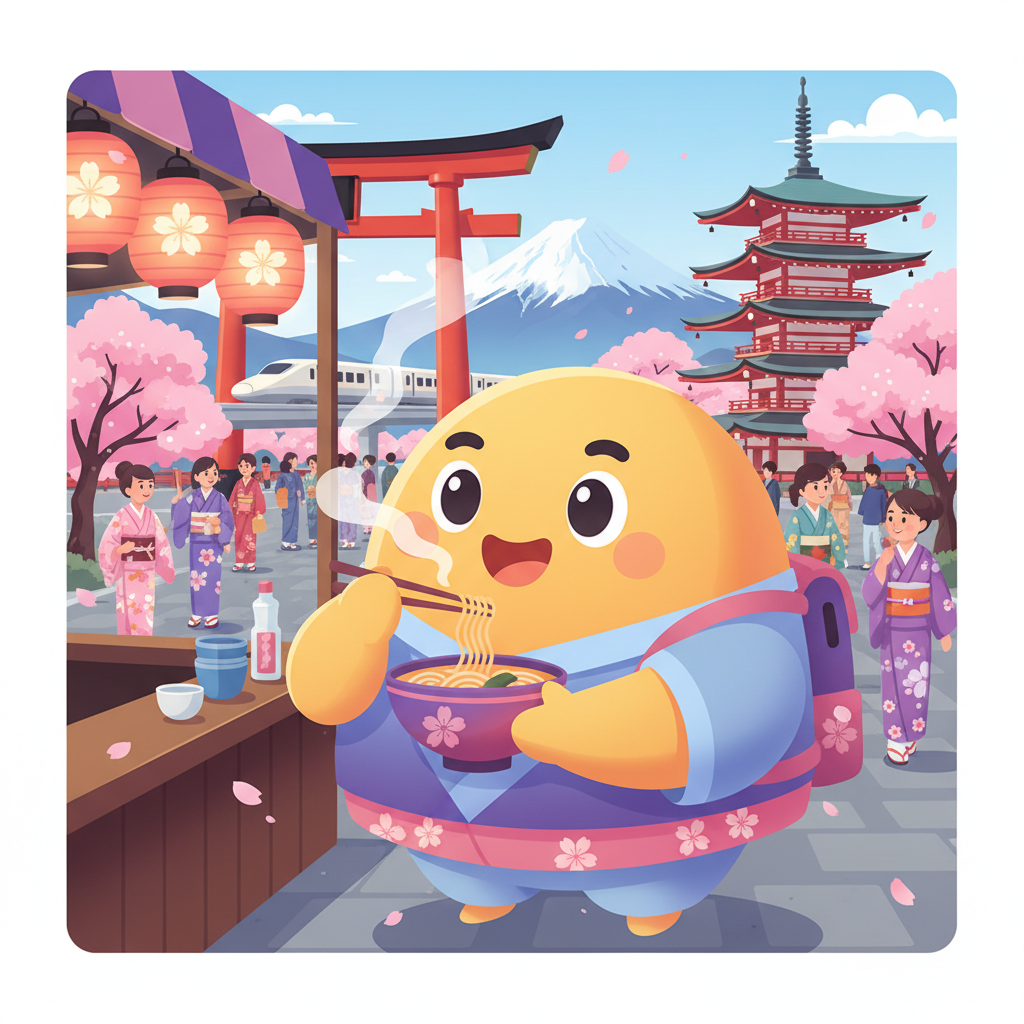 Cartoon mascot exploring Japonya