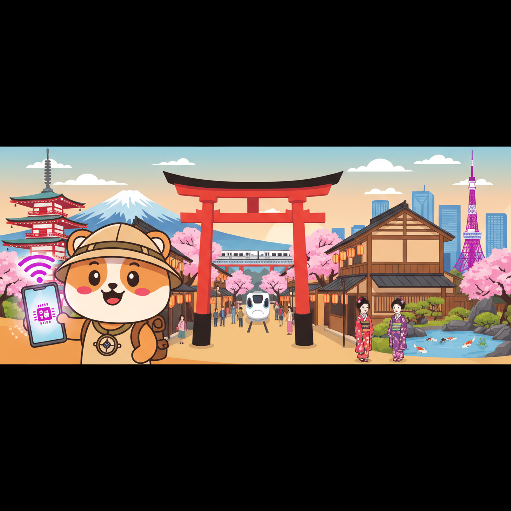 Cartoon mascot exploring Japonya