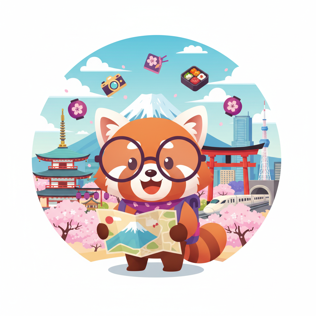 Cartoon mascot exploring Japonya