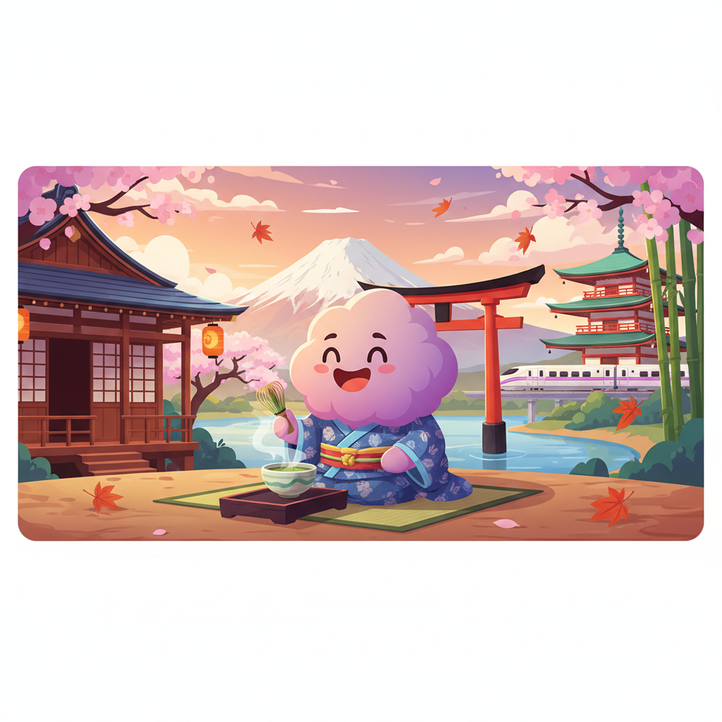 Cartoon mascot exploring Japonya