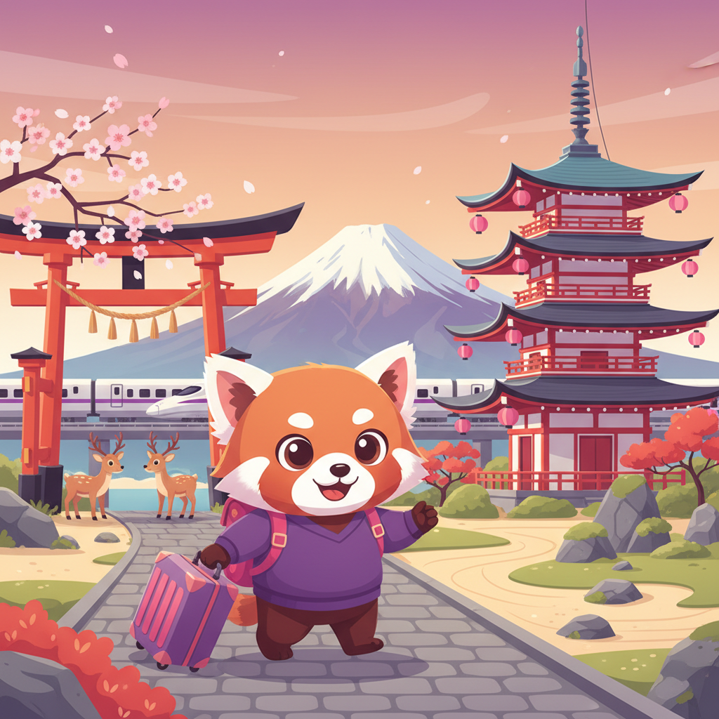 Cartoon mascot exploring Japonya