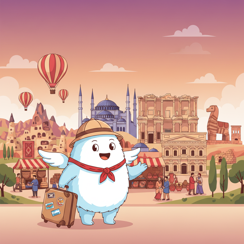 Cartoon mascot exploring Turkiye
