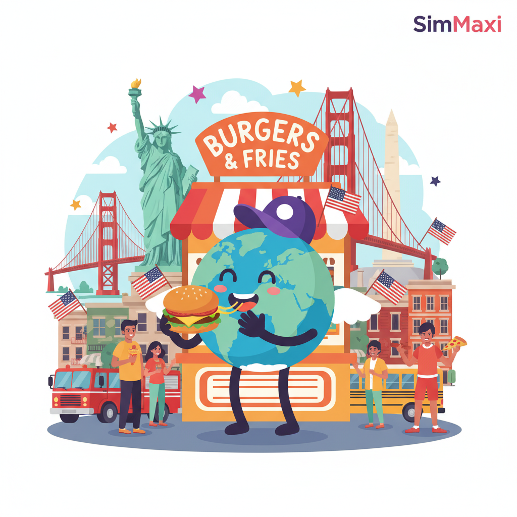 Cartoon mascot exploring United States