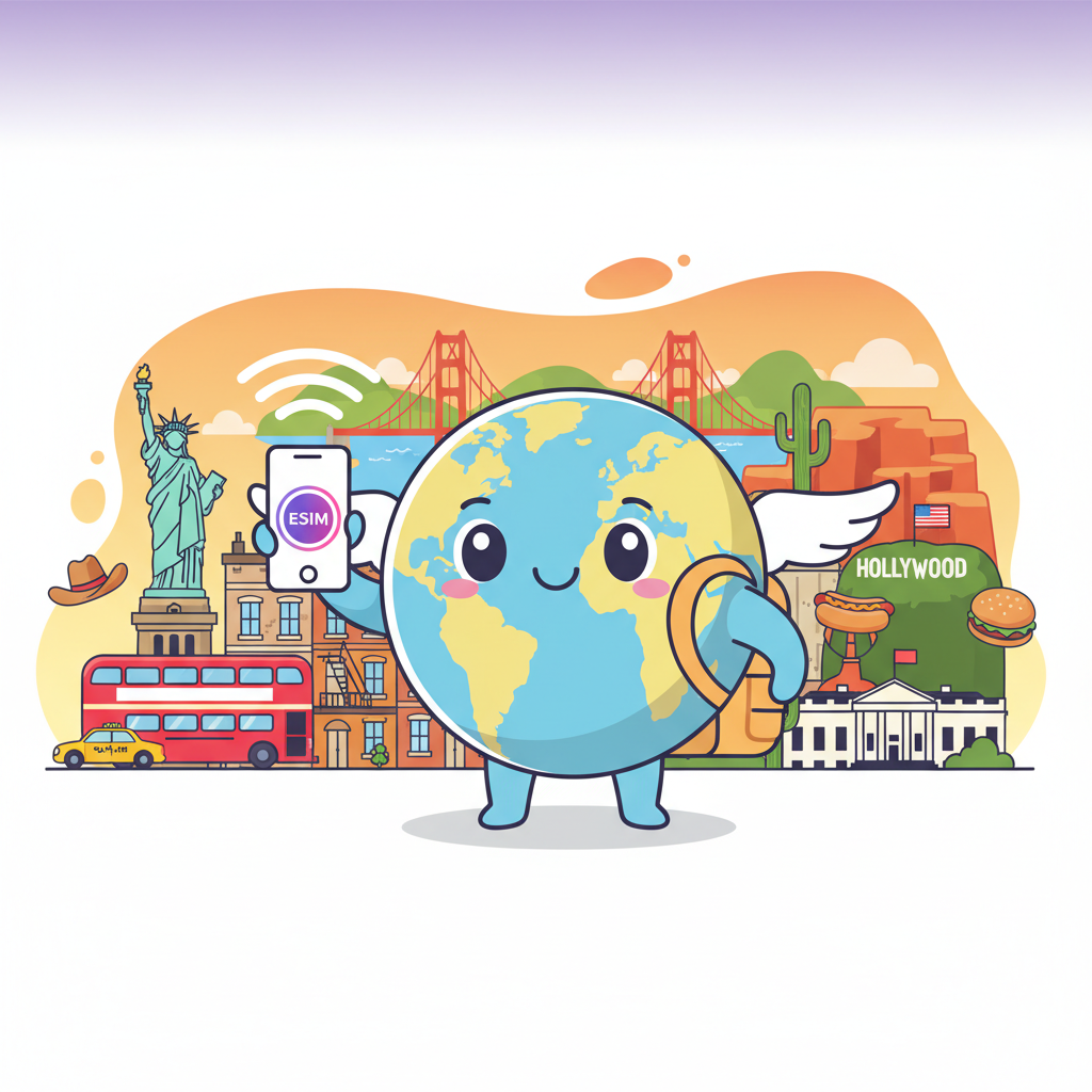 Cartoon mascot exploring United States