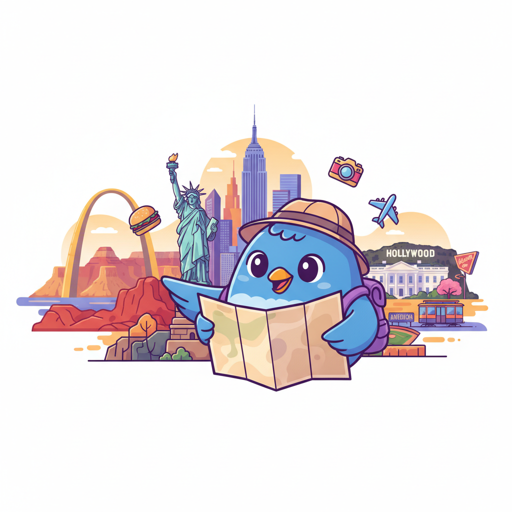 Cartoon mascot exploring United States