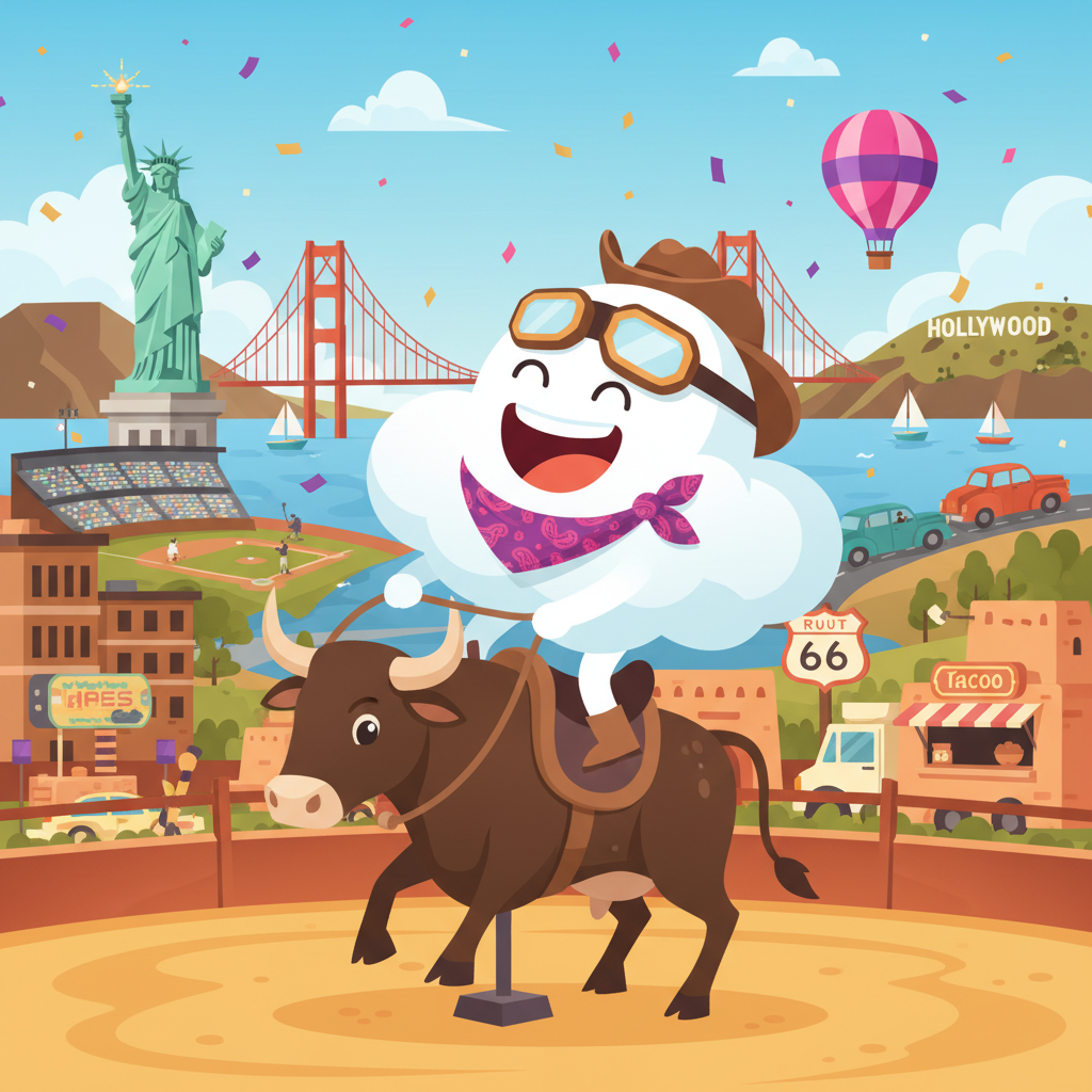 Cartoon mascot exploring United States