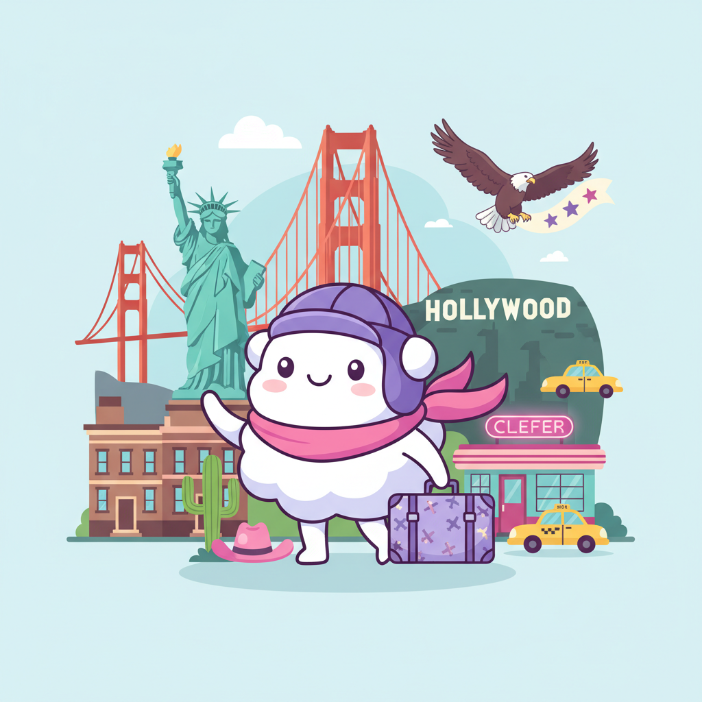 Cartoon mascot exploring United States